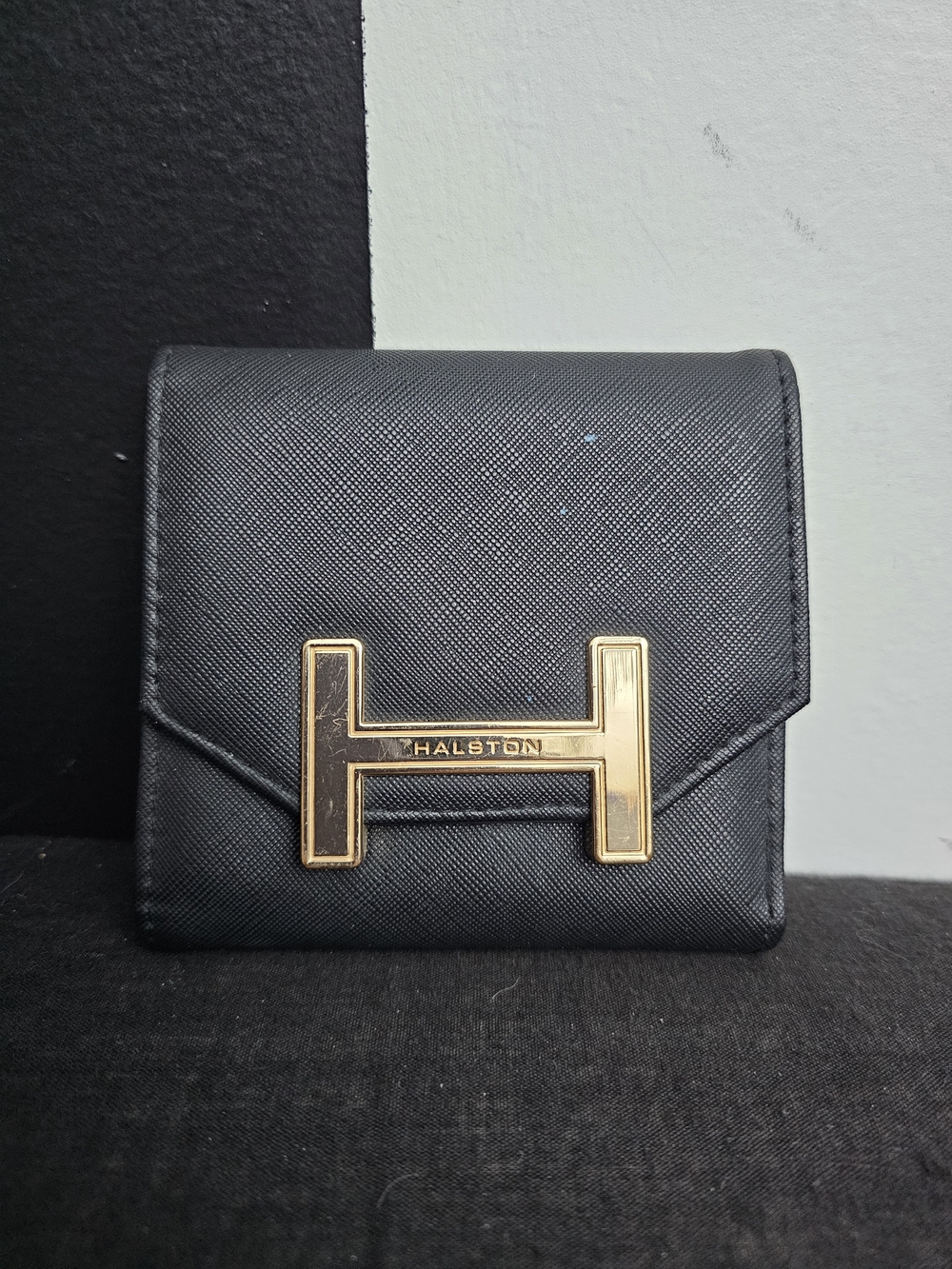 Halston Heritage Black Saffiano Leather Compact Wallet with Gold Hardware